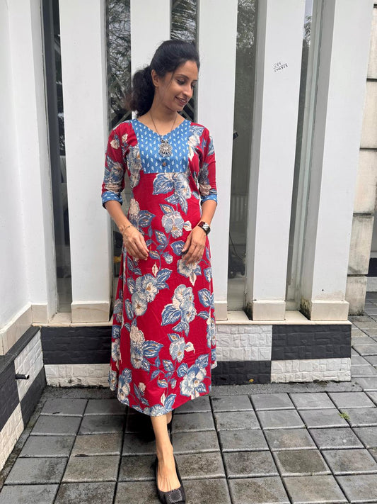 Red Floral Cotton A-Line Top