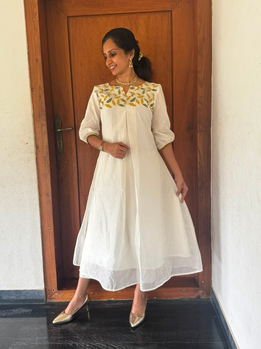 Ivory Embroidered Yoke Pleated Cotton Kurti