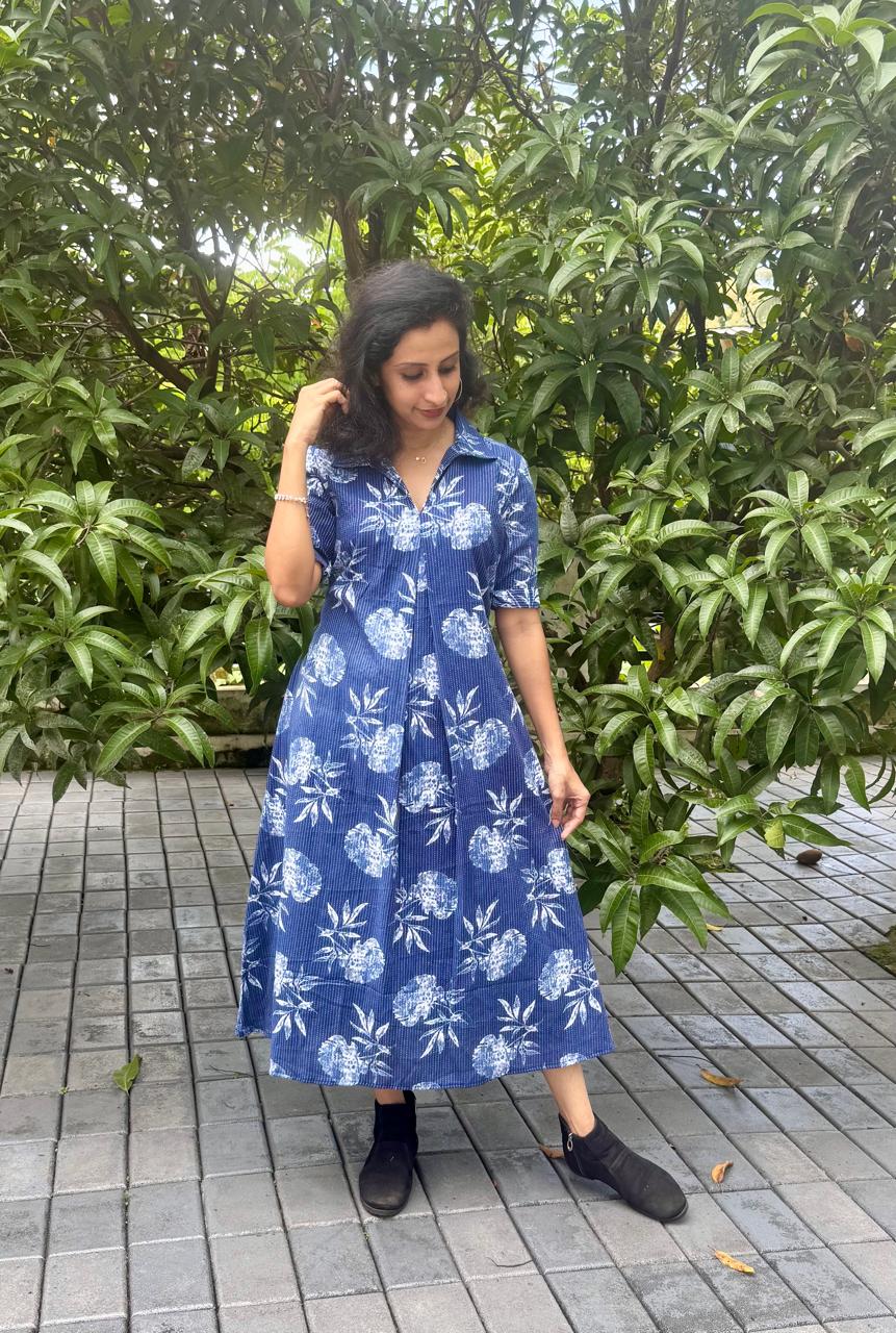Indigo Blue Floral Box-Pleated Cotton Kurti
