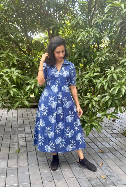 Indigo Blue Floral Box-Pleated Cotton Kurti