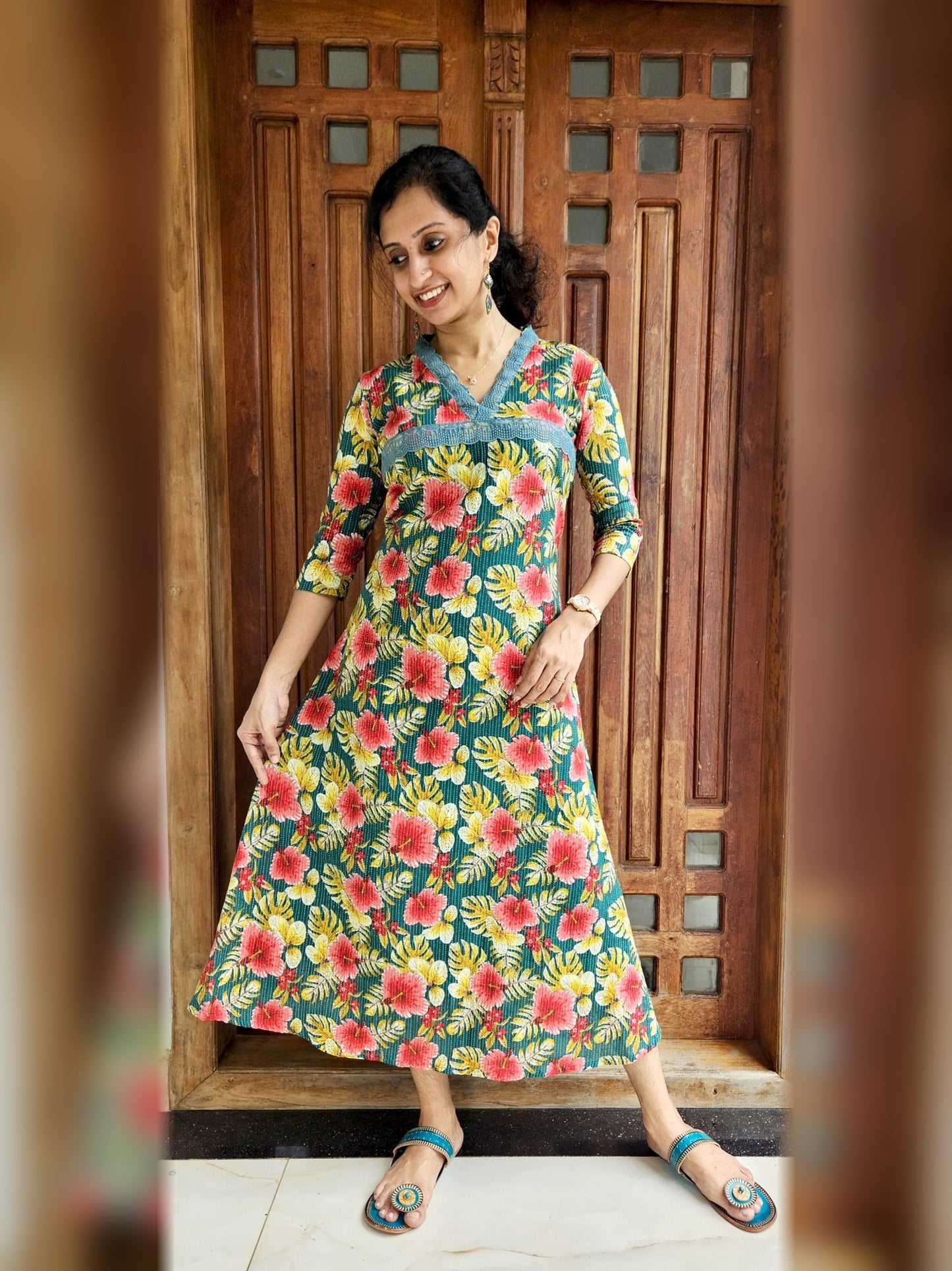 Teal Tropical Floral A-Line Cotton Kurti